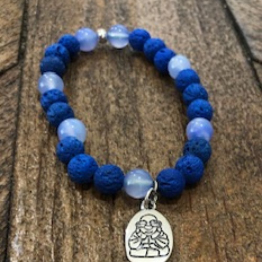 Blue Lava & Agate Bead Bracelet w/ Buddha Charm